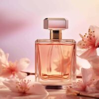 A glass perfume bottle of Black Orchid (type) fragrance oil with a metallic cap, filled with pink liquid, surrounded by pale pink cherry blossoms against a soft pink background.