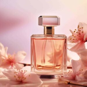 A glass perfume bottle of Black Orchid (type) fragrance oil with a metallic cap, filled with pink liquid, surrounded by pale pink cherry blossoms against a soft pink background.